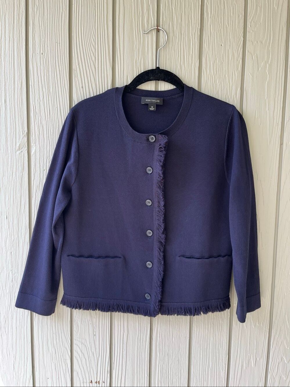Ann Taylor Silk Blend Fringe Cardigan M Navy Lady Jacket Old Money Preppy